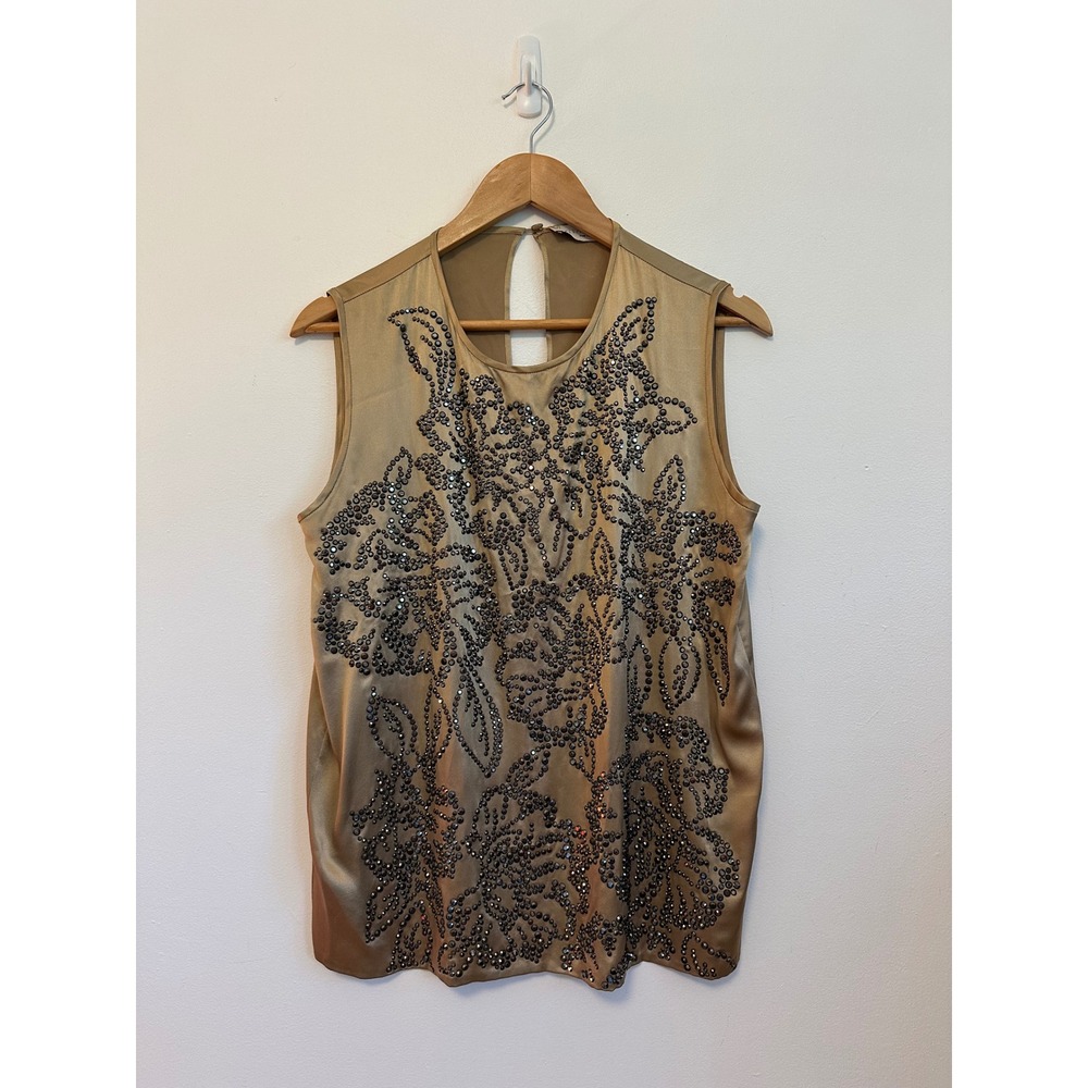 Stella McCartney Gold Beaded Floral Satin Sleeveless Blouse | Size IT 42